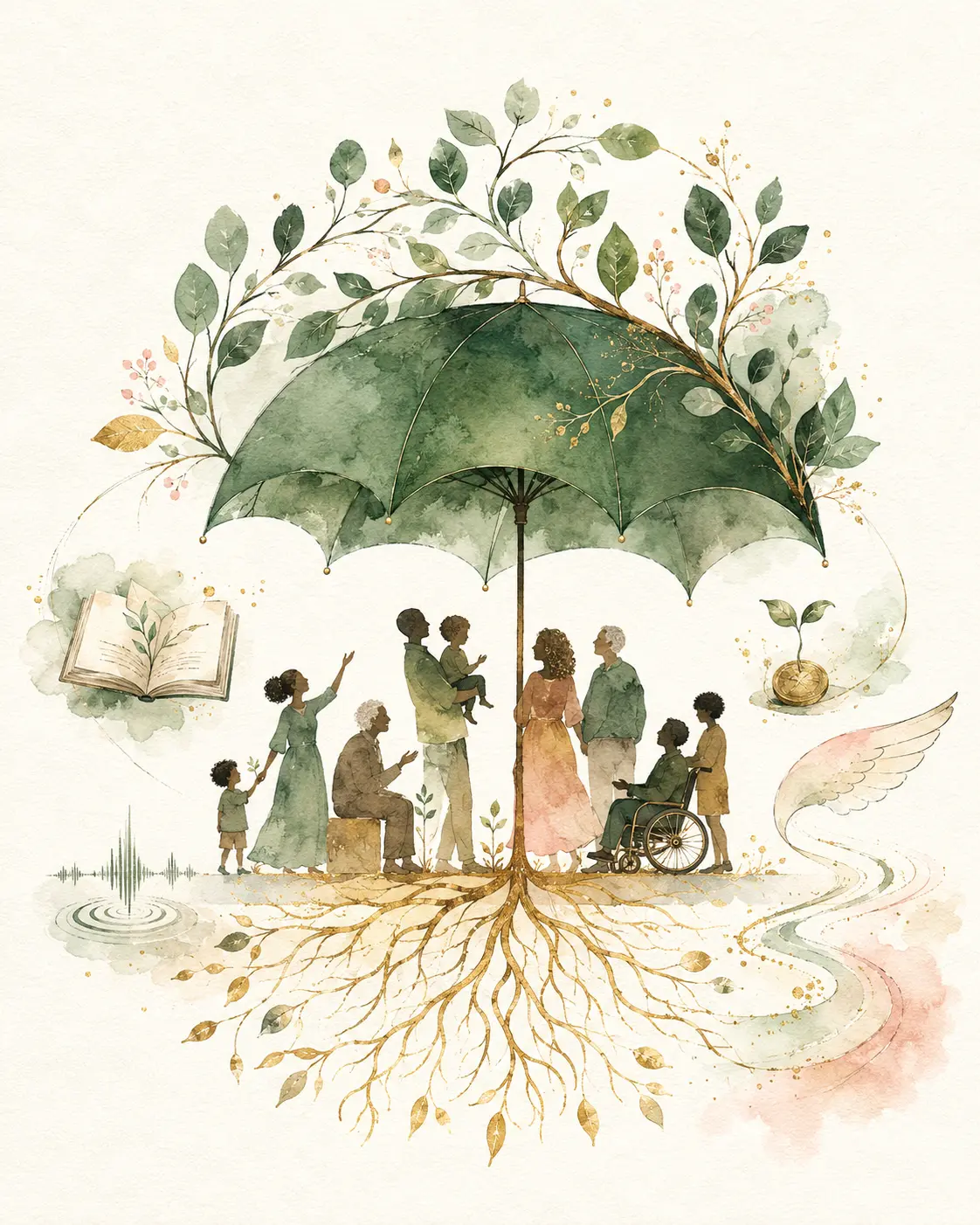 Watercolor umbrella growing into flowering branches above an intergenerational community