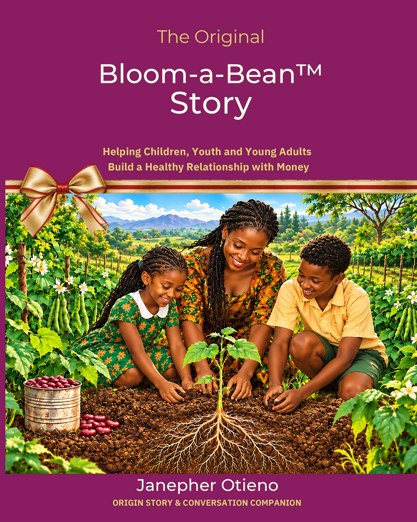 The Original Bloom-a-Bean Story by Janepher Otieno: mother and children tending beans, with a red and gold ribbon