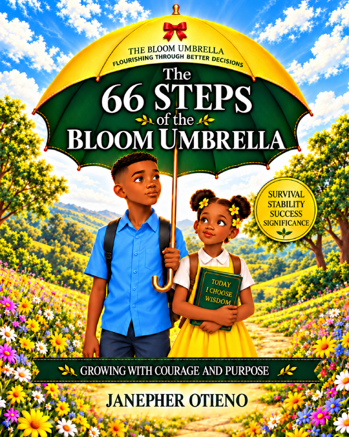 The 66 Steps of The Bloom Umbrella cover featuring Mshindi and Faith beneath a colorful umbrella